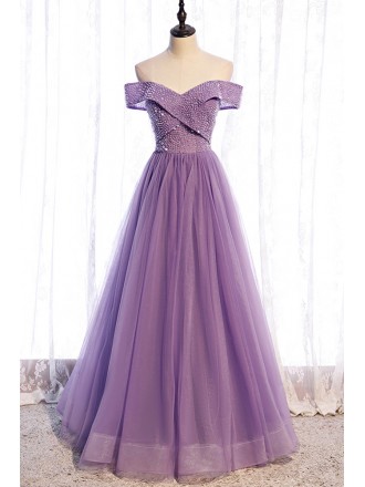 Purple Long Tulle Party Prom Dress With Sequined Off Shoulder