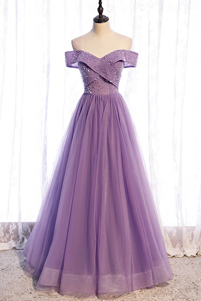 Off Shoulder Purple Tulle and Velvet Long Party Dress, Purple Prom Dress