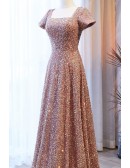 Modest Sequined Champagne Long Formal Dress With Square Neckline