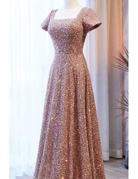 Modest Sequined Champagne Long Formal Dress With Square Neckline