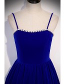 Simple Blue Velvet Tea Length Party Dress With Spaghetti Straps