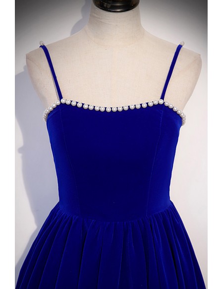 Simple Blue Velvet Tea Length Party Dress With Spaghetti Straps