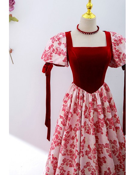 Special Burgundy Floral Aline Prom Dress With Straps Square Neckline