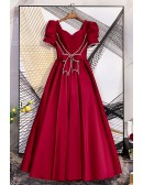 Elegant Burgundy Long Party Prom Dress With Beaded Bow Knot