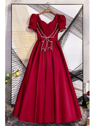 Elegant Burgundy Long Party Prom Dress With Beaded Bow Knot