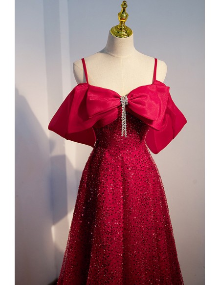 Burgundy Bling Sequins Elegant Prom Dress With Spaghetti Straps