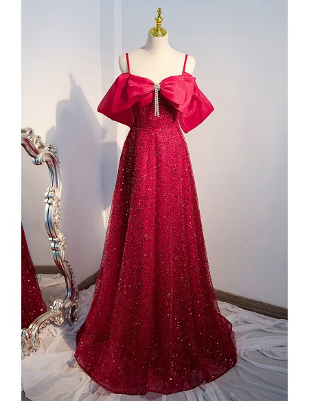 Burgundy Bling Sequins Elegant Prom Dress With Spaghetti Straps
