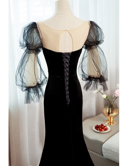 Elegant Mermaid Long Black Evening Dress With Puffy Sleeves