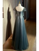 Dreamy Dusty Blue Flowy Long Tulle Prom Dress With Blings