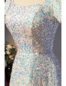 Full Sequined Long Evening Party Dress With Square Neckline