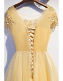 Elegant Yellow Gold Tulle Aline Long Prom Dress With Beadings