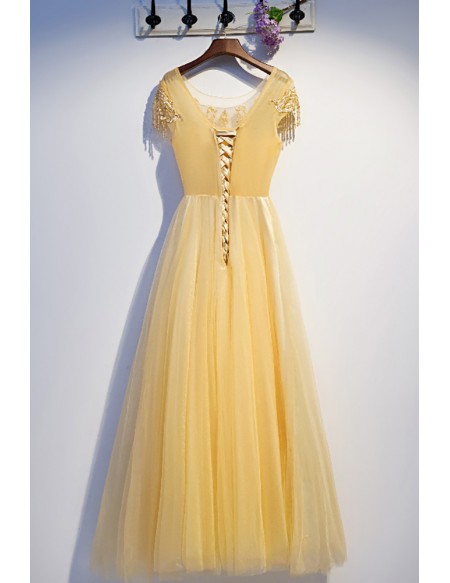 Elegant Yellow Gold Tulle Aline Long Prom Dress With Beadings