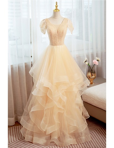 Sequined Ruffled Champagne Vneck Long Prom Dress With Short Sleeves