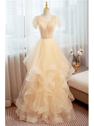 Sequined Ruffled Champagne Vneck Long Prom Dress With Short Sleeves
