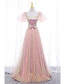 Sparkly Champagne Sequined Long Party Prom Dress With Tulle Puffy Sleeves