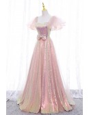Sparkly Champagne Sequined Long Party Prom Dress With Tulle Puffy Sleeves