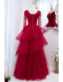 Fancy Burgundy Ruffle Tiered Formal Prom Dress With Long Sleeves