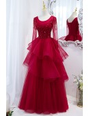 Fancy Burgundy Ruffle Tiered Formal Prom Dress With Long Sleeves