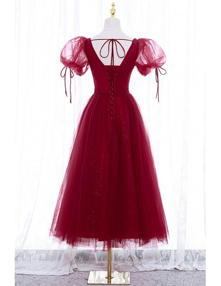 Lovely Bubble Sleeves Burgundy Tea Length Tulle Homecoming Party Dress