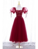 Lovely Bubble Sleeves Burgundy Tea Length Tulle Homecoming Party Dress