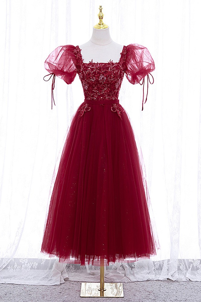 Vintage Burgundy Tulle Layered Bow Mini Birthday Outfits A Line Homecoming Dress