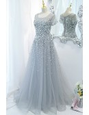 Bling Sequins Grey Tulle Long Formal Prom Dress With Illusion Neckline