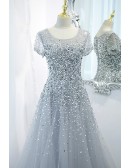 Bling Sequins Grey Tulle Long Formal Prom Dress With Illusion Neckline