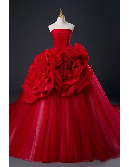 Stunning Ruffled Flowers Red Formal Ballgown Evening Dress Strapless