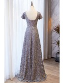 Modest Sequined Grey Long Formal Dress With Square Neckline