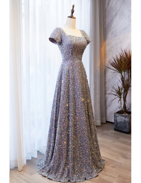 Modest Sequined Grey Long Formal Dress With Square Neckline