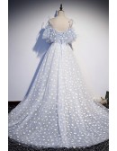 Lovely Blue With Flowers Tulle Prom Dress With Straps