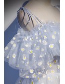 Lovely Blue With Flowers Tulle Prom Dress With Straps