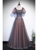Fantasy Ombre Purple Sparkly Sequined Tulle Prom Dress With Short Sleeves
