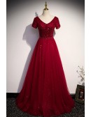 Elegant Vneck Burgundy Long Tulle Evening Prom Dress With Sequins