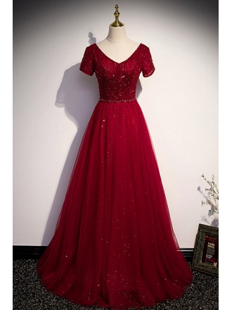 Elegant Vneck Burgundy Long Tulle Evening Prom Dress With Sequins