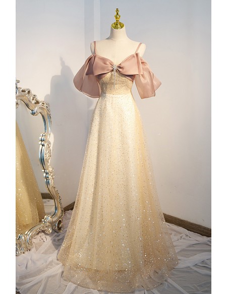 Bling Champagne Gold Sequins Sparkly Prom Dress Elegant