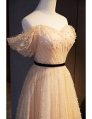 Champagne Bling Tulle Aline Prom Dress With Beadings Off Shoulder