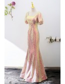 Sparkly Mermaid Long Party Dress Square Neck With Sleeves