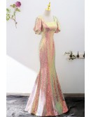 Sparkly Mermaid Long Party Dress Square Neck With Sleeves