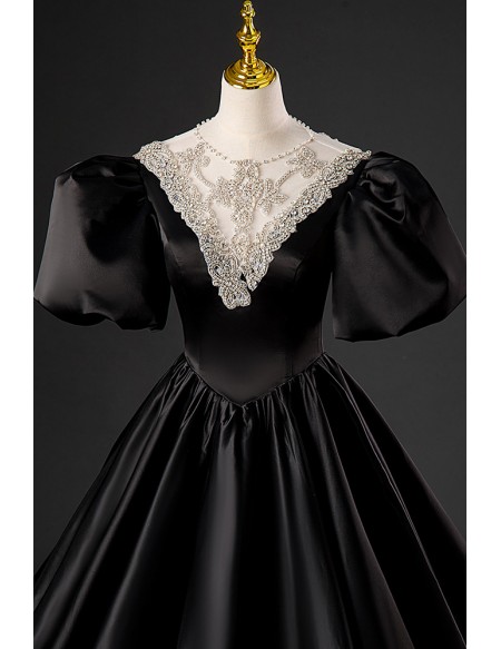 High-end Long Black Satin Evening Formal Dress With Jeweled Neckline