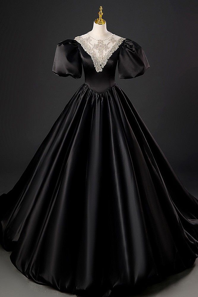 High-end Long Black Satin Evening Formal Dress With Jeweled Neckline # ...