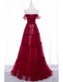 Pleated Long Formal Tulle Evening Dress With Off Shoulder