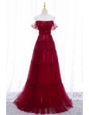 Pleated Long Formal Tulle Evening Dress With Off Shoulder