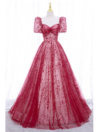 Burgundy Flowy Long Tulle Prom Dress With Sleeves