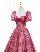 Burgundy Flowy Long Tulle Prom Dress With Sleeves