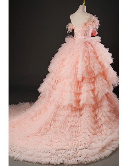 Stunning Pleated Ruffled Pink Formal Prom Dress With Long Train
