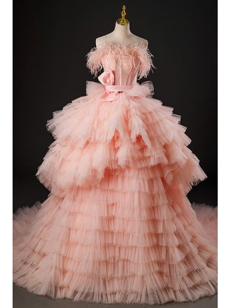 Stunning Pleated Ruffled Pink Formal Prom Dress With Long Train