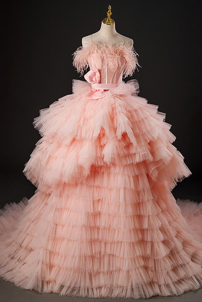 strapless open back dress Pink Tulle Tiered Princess A-line Prom dresses MP800 main image 1