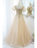 Fancy Champagne Sparkly Sequins Long Tulle Party Prom Dress With Bubble Sleeves