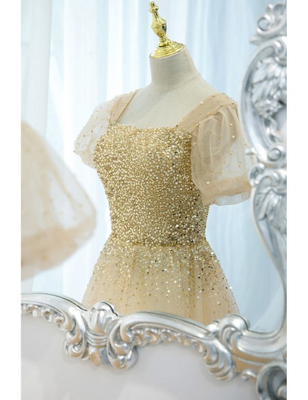 Fancy Champagne Sparkly Sequins Long Tulle Party Prom Dress With Bubble Sleeves